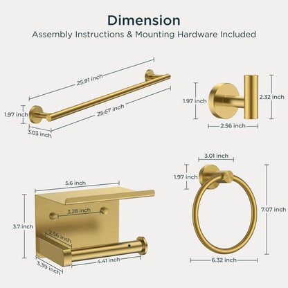 Bathroom Accessories, Bathroom Hardware Set - 24" Towel Bar | Brushed Nickel | Towel Hooks, Towel Racks for Bathroom, Toilet Paper Holder Wall Mounted, Towel Ring | SUS304 Stainless Steel