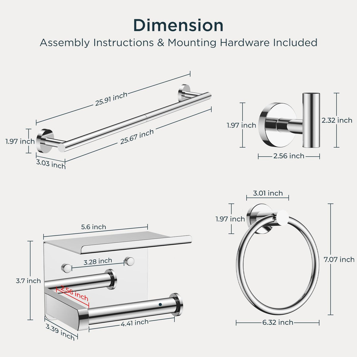 Bathroom Accessories, Bathroom Hardware Set - 24" Towel Bar | Brushed Nickel | Towel Hooks, Towel Racks for Bathroom, Toilet Paper Holder Wall Mounted, Towel Ring | SUS304 Stainless Steel