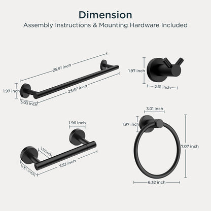 Bathroom Accessories, Bathroom Hardware Set - 24" Towel Bar | Brushed Nickel | Towel Hooks, Towel Racks for Bathroom, Toilet Paper Holder Wall Mounted, Towel Ring | SUS304 Stainless Steel