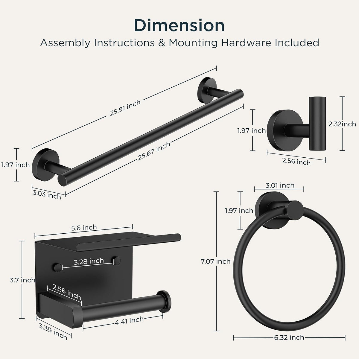 Bathroom Accessories, Bathroom Hardware Set - 24" Towel Bar | Brushed Nickel | Towel Hooks, Towel Racks for Bathroom, Toilet Paper Holder Wall Mounted, Towel Ring | SUS304 Stainless Steel