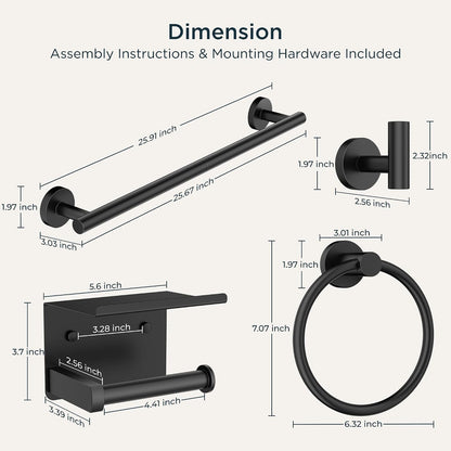Bathroom Accessories, Bathroom Hardware Set - 24" Towel Bar | Brushed Nickel | Towel Hooks, Towel Racks for Bathroom, Toilet Paper Holder Wall Mounted, Towel Ring | SUS304 Stainless Steel