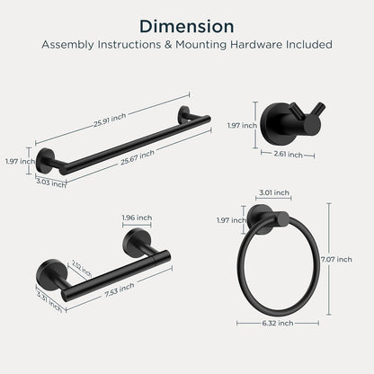 Bathroom Accessories, Bathroom Hardware Set - 24" Towel Bar | Brushed Nickel | Towel Hooks, Towel Racks for Bathroom, Toilet Paper Holder Wall Mounted, Towel Ring | SUS304 Stainless Steel