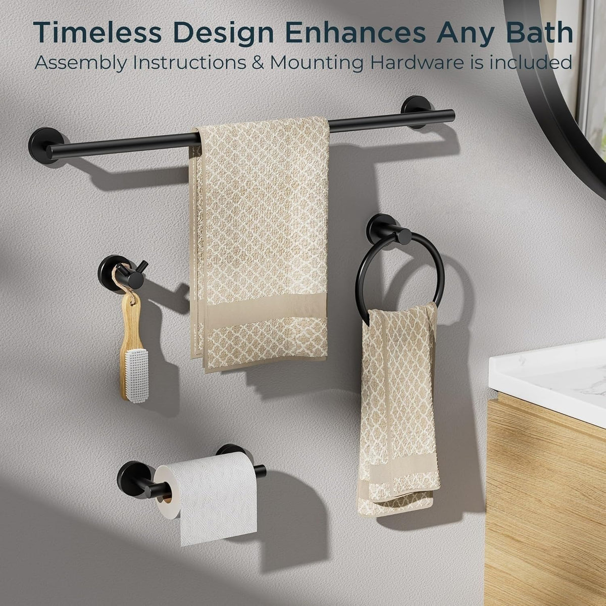 Bathroom Accessories, Bathroom Hardware Set - 24" Towel Bar | Brushed Nickel | Towel Hooks, Towel Racks for Bathroom, Toilet Paper Holder Wall Mounted, Towel Ring | SUS304 Stainless Steel