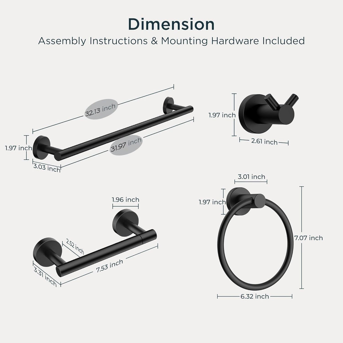 Bathroom Accessories, Bathroom Hardware Set - 24" Towel Bar | Brushed Nickel | Towel Hooks, Towel Racks for Bathroom, Toilet Paper Holder Wall Mounted, Towel Ring | SUS304 Stainless Steel