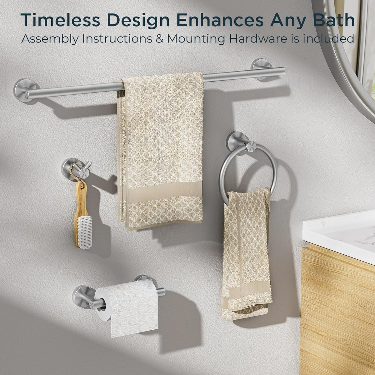 Bathroom Accessories, Bathroom Hardware Set - 24" Towel Bar | Brushed Nickel | Towel Hooks, Towel Racks for Bathroom, Toilet Paper Holder Wall Mounted, Towel Ring | SUS304 Stainless Steel