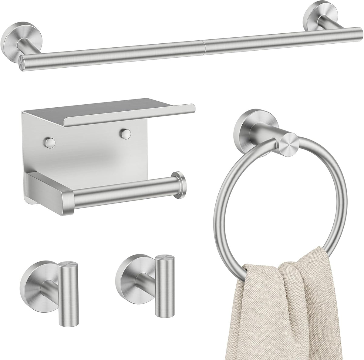 Bathroom Accessories, Bathroom Hardware Set - 24" Towel Bar | Brushed Nickel | Towel Hooks, Towel Racks for Bathroom, Toilet Paper Holder Wall Mounted, Towel Ring | SUS304 Stainless Steel
