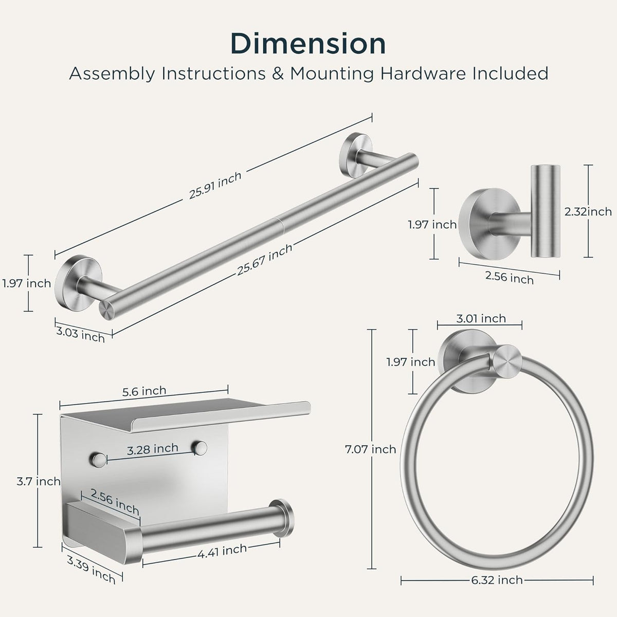 Bathroom Accessories, Bathroom Hardware Set - 24" Towel Bar | Brushed Nickel | Towel Hooks, Towel Racks for Bathroom, Toilet Paper Holder Wall Mounted, Towel Ring | SUS304 Stainless Steel