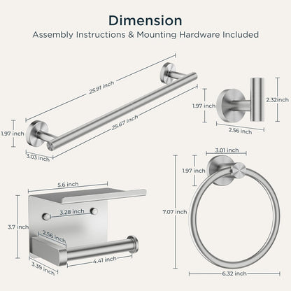Bathroom Accessories, Bathroom Hardware Set - 24" Towel Bar | Brushed Nickel | Towel Hooks, Towel Racks for Bathroom, Toilet Paper Holder Wall Mounted, Towel Ring | SUS304 Stainless Steel