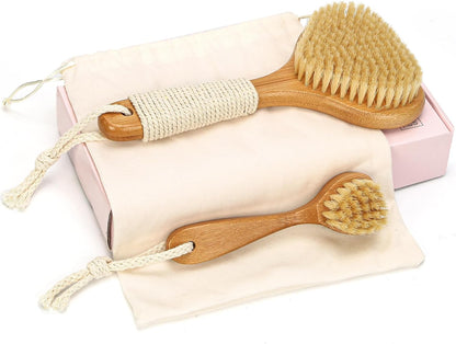 Bamboo Dry Brushing Body Brush Set, Firm Natural Boar Bristle, 2 Pack