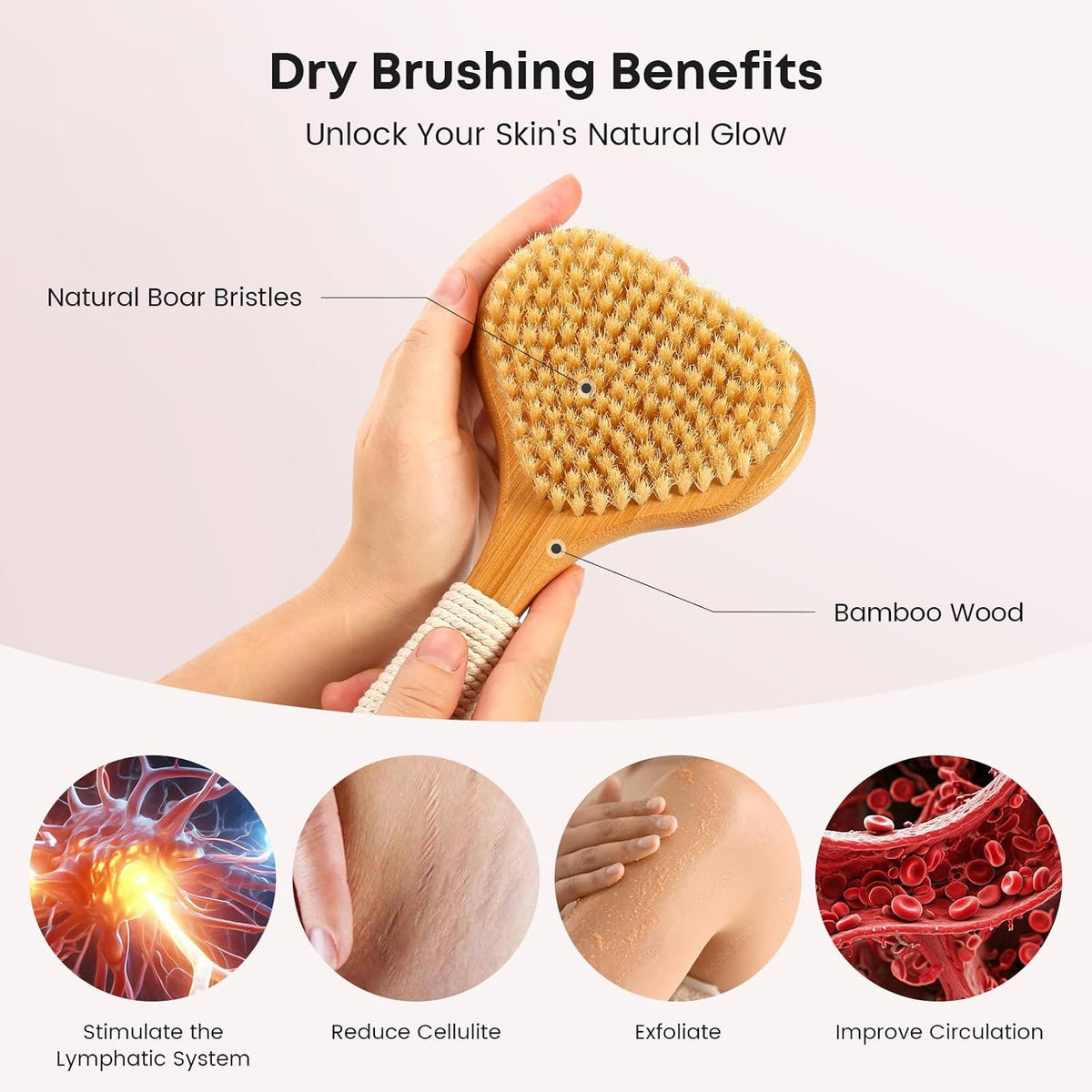 Bamboo Dry Brushing Body Brush Set, Firm Natural Boar Bristle, 2 Pack