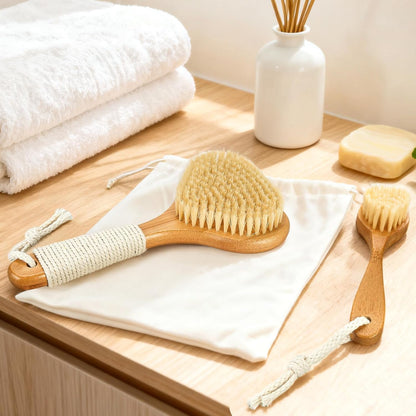 Bamboo Dry Brushing Body Brush Set, Firm Natural Boar Bristle, 2 Pack