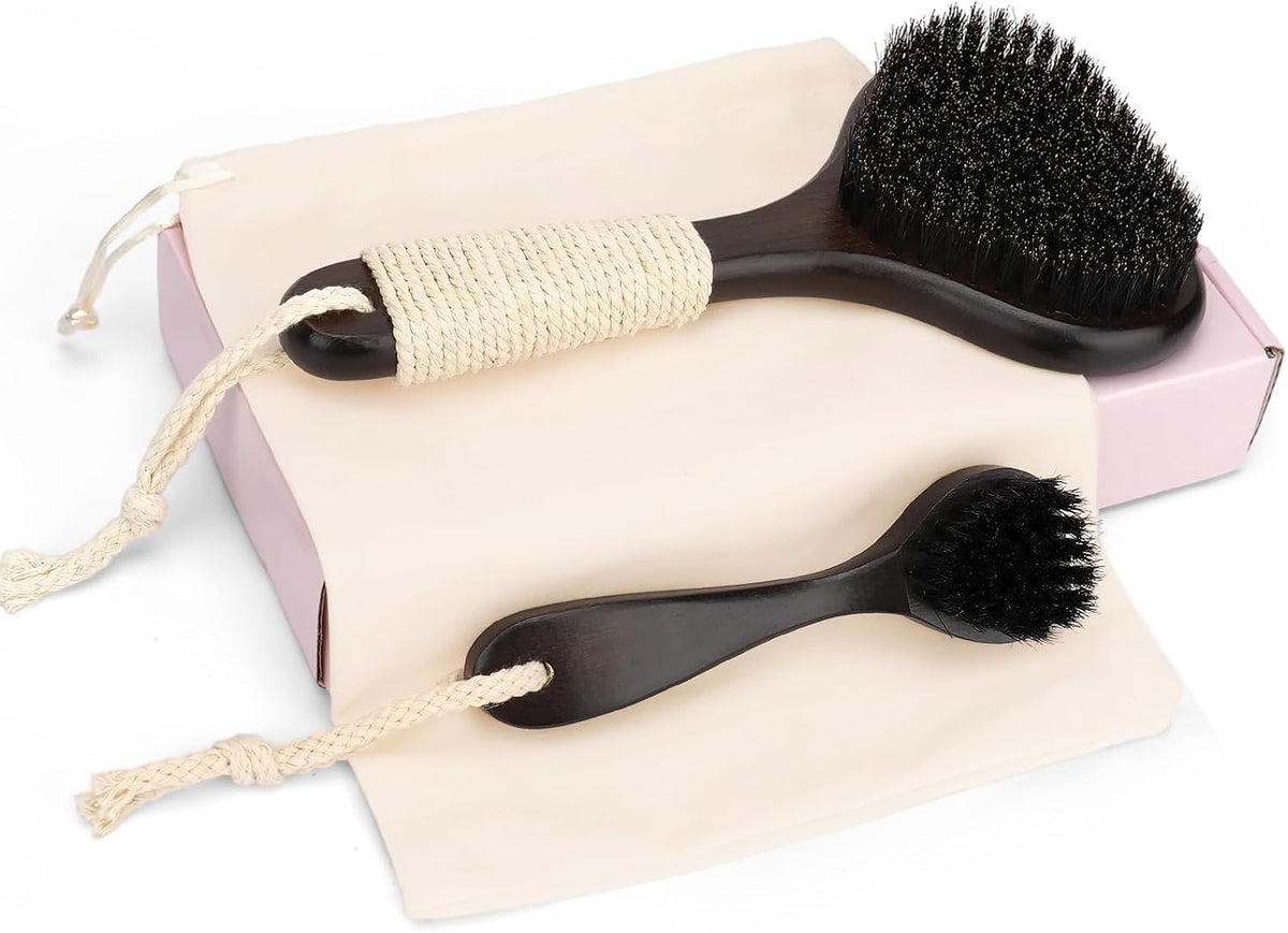 Bamboo Dry Brushing Body Brush Set, Firm Natural Boar Bristle, 2 Pack