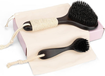 Bamboo Dry Brushing Body Brush Set, Firm Natural Boar Bristle, 2 Pack