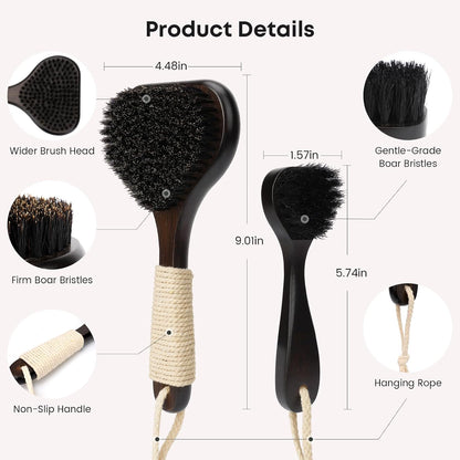 Bamboo Dry Brushing Body Brush Set, Firm Natural Boar Bristle, 2 Pack