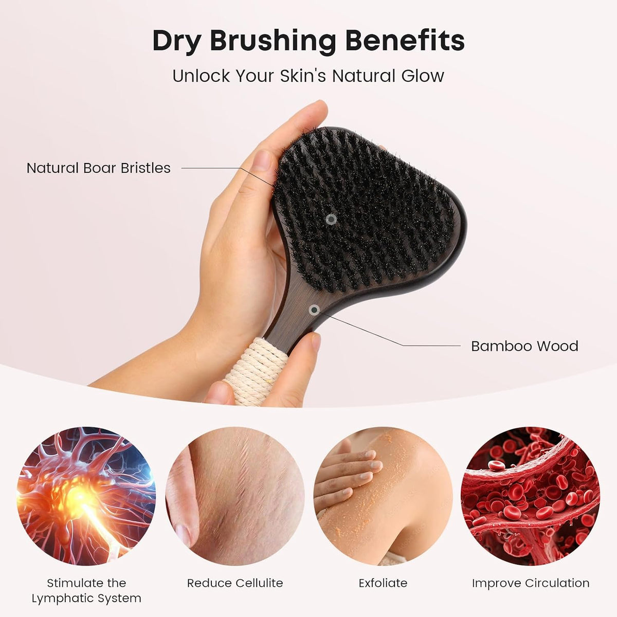 Bamboo Dry Brushing Body Brush Set, Firm Natural Boar Bristle, 2 Pack