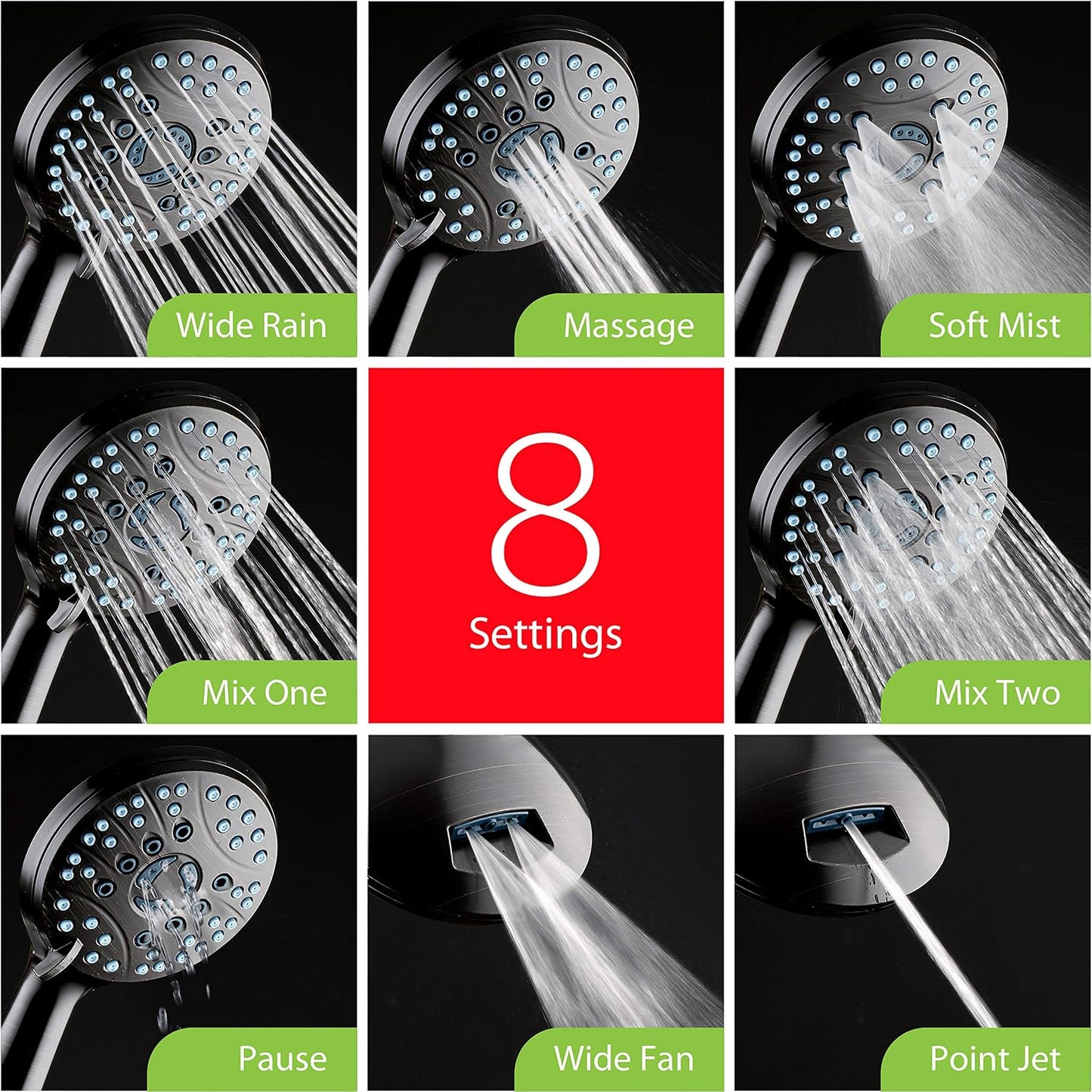 AquaCare 8-mode High Pressure Handheld Shower Head with 2-mode Power Wash