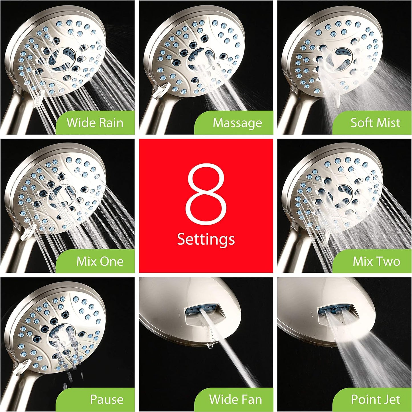 AquaCare 8-mode High Pressure Handheld Shower Head with 2-mode Power Wash