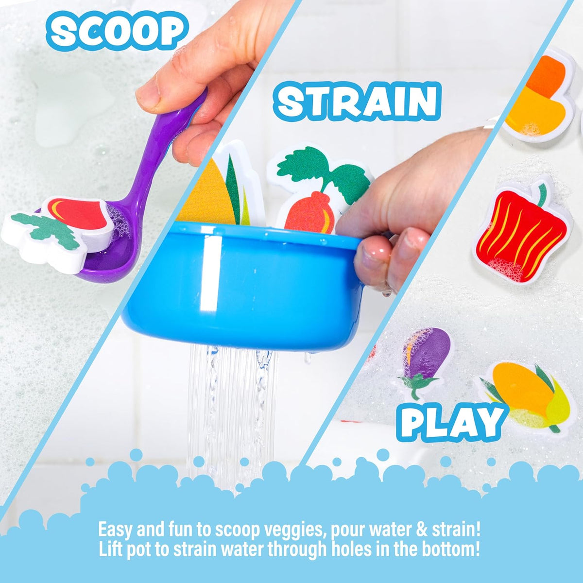 ® Tub Soup™ Scoop, Strain & Play Toddler Bath Toy | Floating Foam Veggies, Ladle for Scooping & Soup Pot for Straining | Pretend Play Cooking Kids Bath Toys | Creative Bathtub Toys