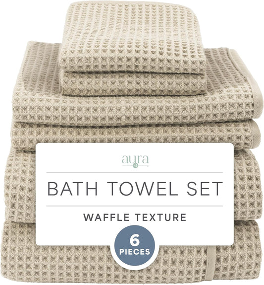 . Aura Waffle Bath Towel Set, 6 Pieces, Beige | 2 Bath Towels, 2 Hand Towels, 2 Wash Cloths, Absorbent Microfiber, Quick-Dry and Lightweight, 420GSM