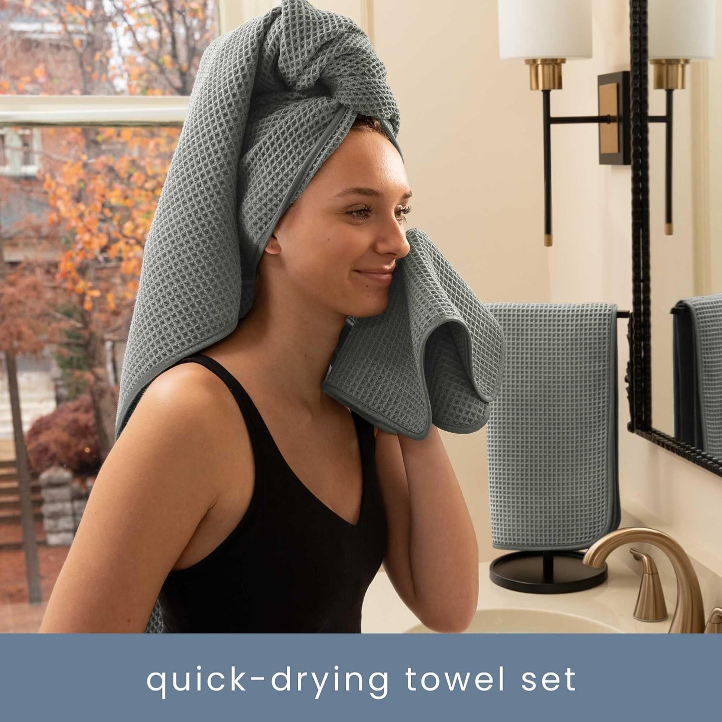 . Aura Waffle Bath Towel Set, 6 Pieces, Beige | 2 Bath Towels, 2 Hand Towels, 2 Wash Cloths, Absorbent Microfiber, Quick-Dry and Lightweight, 420GSM