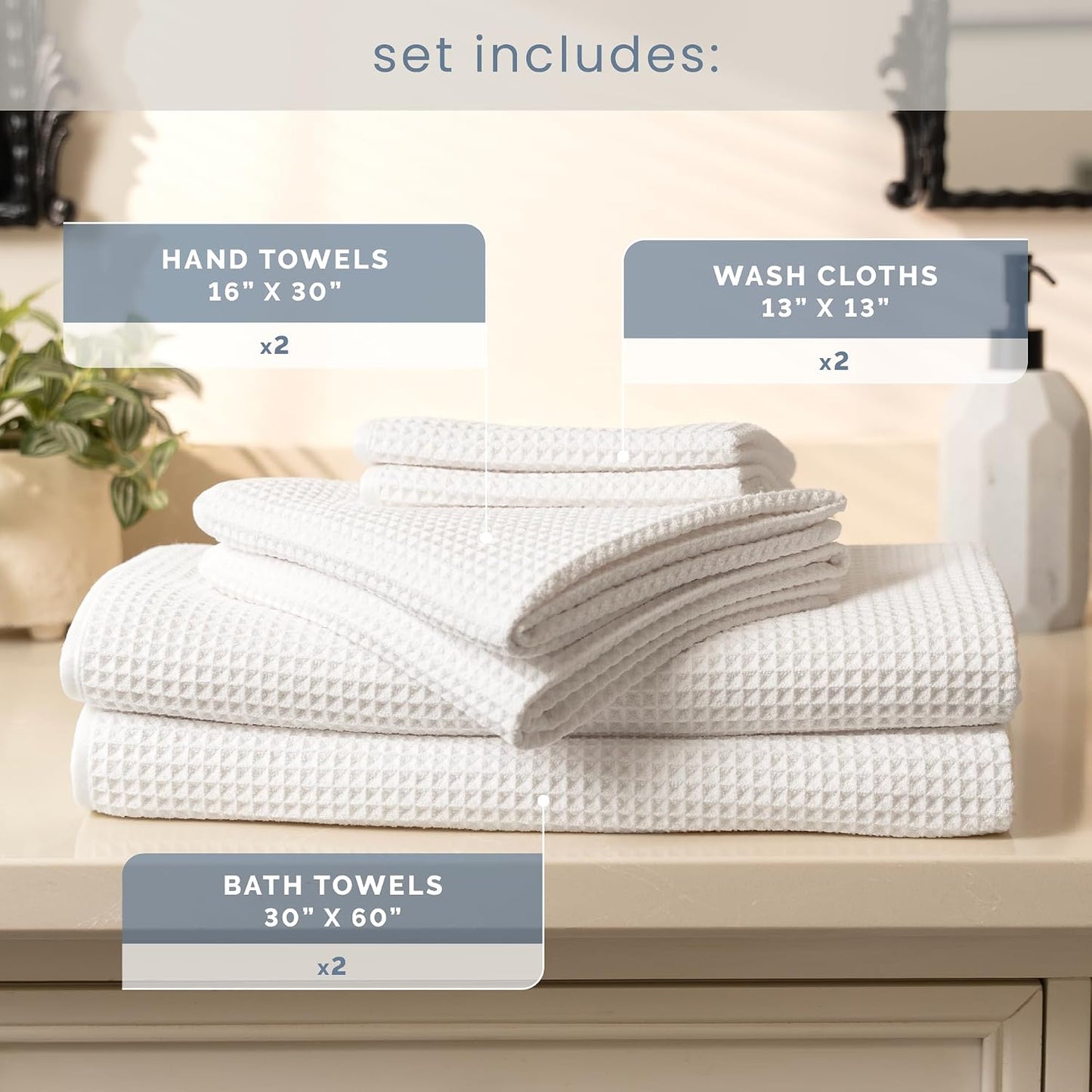 . Aura Waffle Bath Towel Set, 6 Pieces, Beige | 2 Bath Towels, 2 Hand Towels, 2 Wash Cloths, Absorbent Microfiber, Quick-Dry and Lightweight, 420GSM