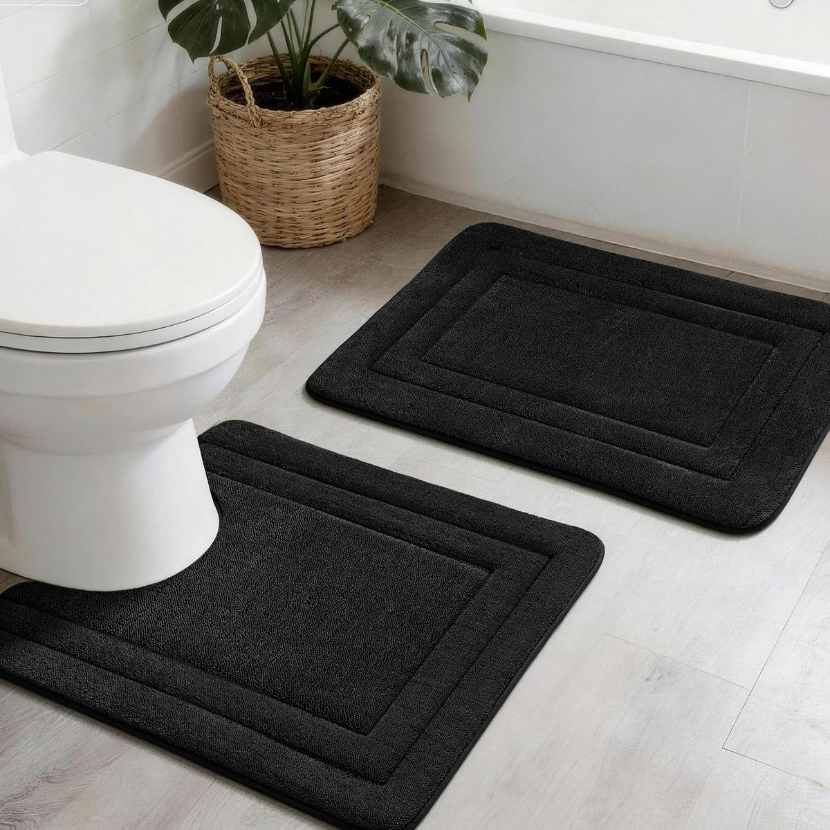 2-Piece Towel-Like Memory Foam Bathroom Rug Set, Dark Grey