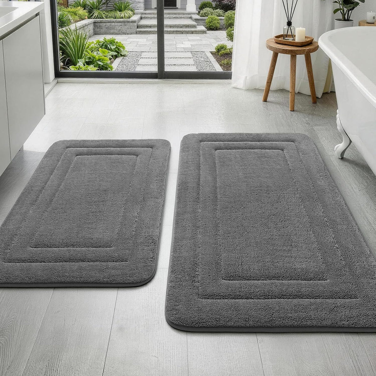 2-Piece Towel-Like Memory Foam Bathroom Rug Set, Dark Grey