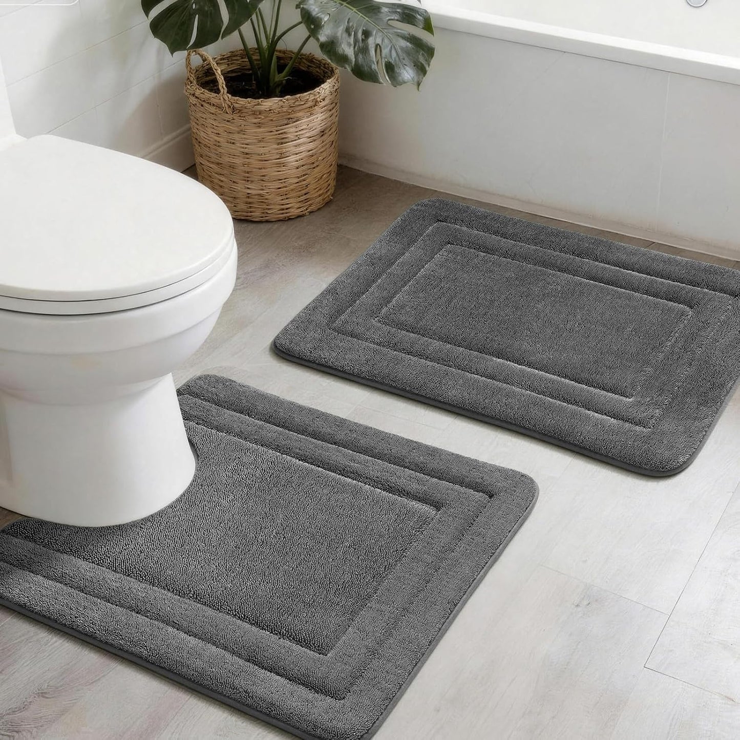 2-Piece Towel-Like Memory Foam Bathroom Rug Set, Dark Grey
