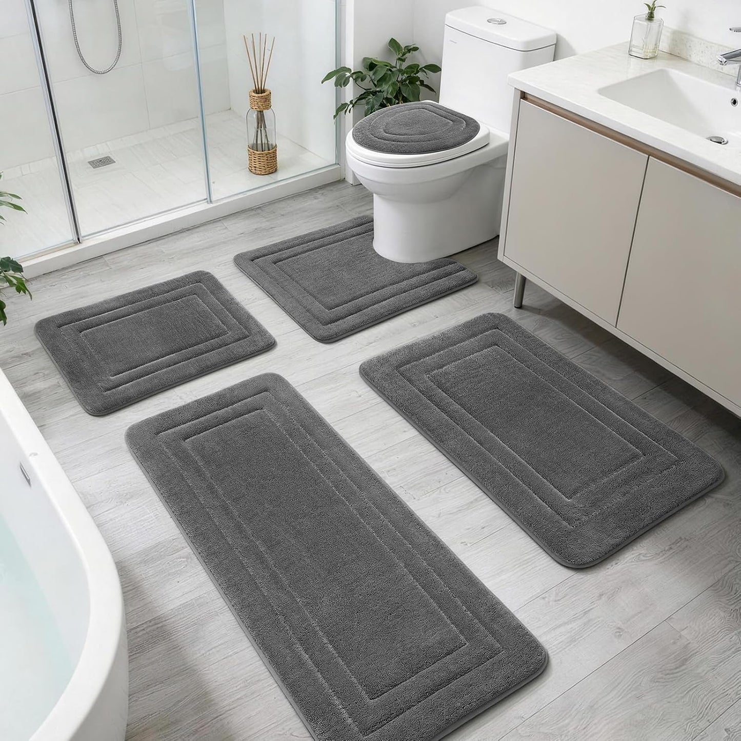 2-Piece Towel-Like Memory Foam Bathroom Rug Set, Dark Grey