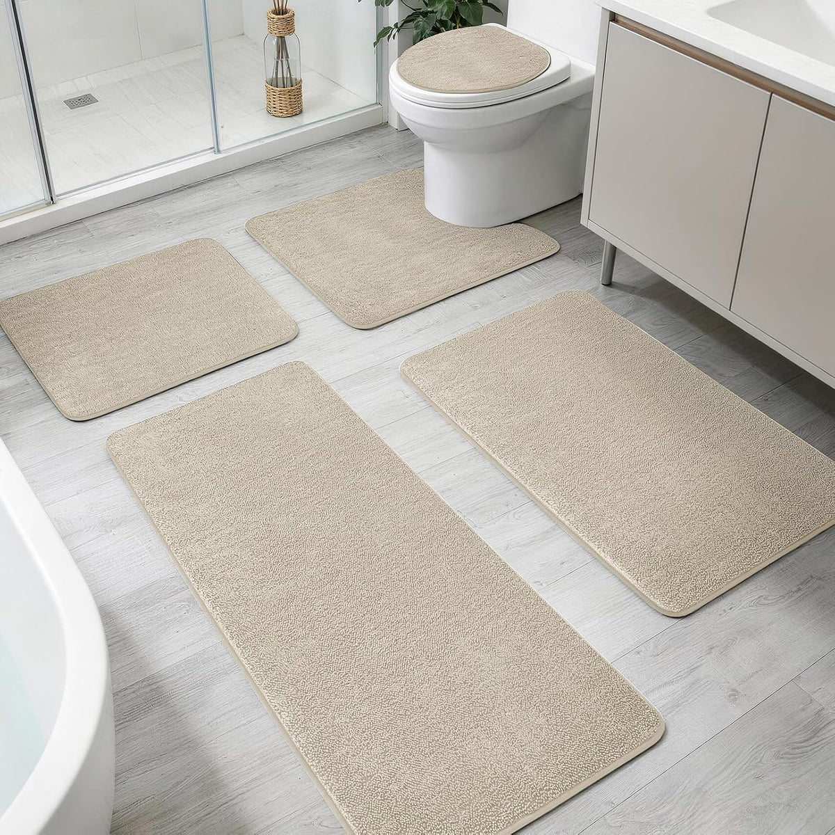 2-Piece Towel-Like Memory Foam Bathroom Rug Set, Dark Grey