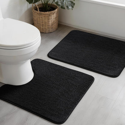 2-Piece Towel-Like Memory Foam Bathroom Rug Set, Dark Grey