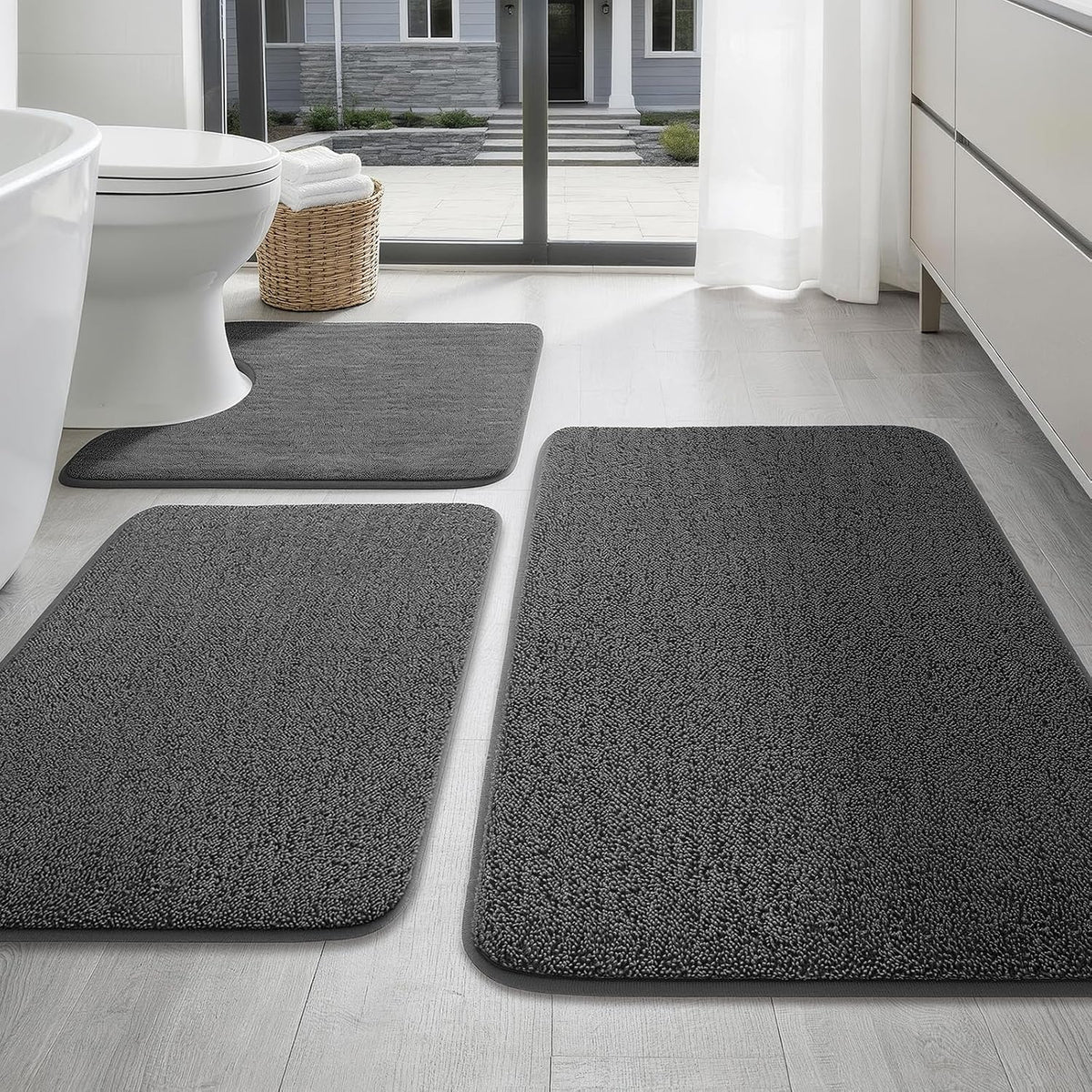 2-Piece Towel-Like Memory Foam Bathroom Rug Set, Dark Grey