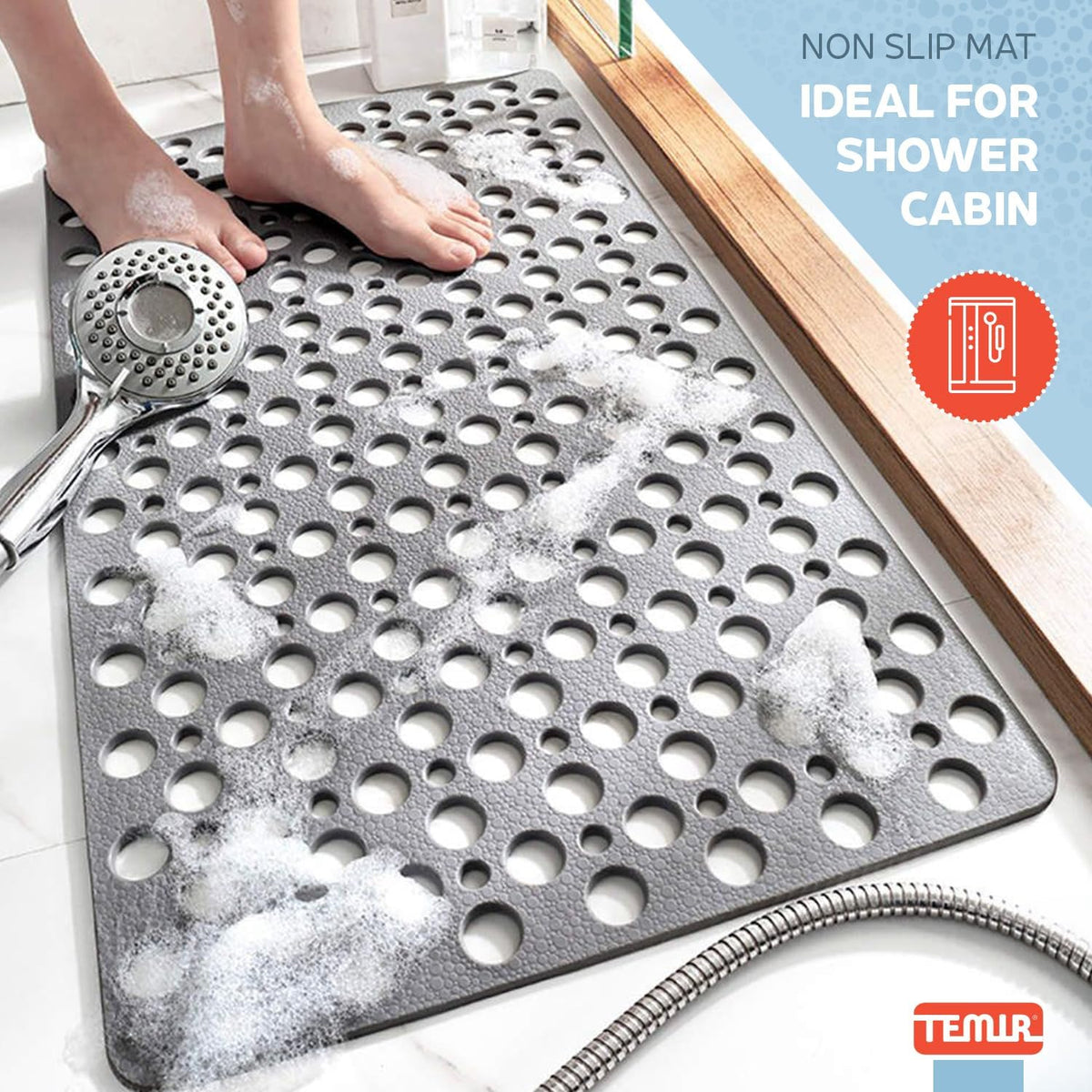 TEMIR Non Slip Bathtub Mat for Shower — Anti Skid Safety Mat with Strong Suction Cups, Quick Drain Holes, Machine Washable, Soft Bathroom Mat for Elderly & Kids, 30x17 in (75x43 cm) Gray