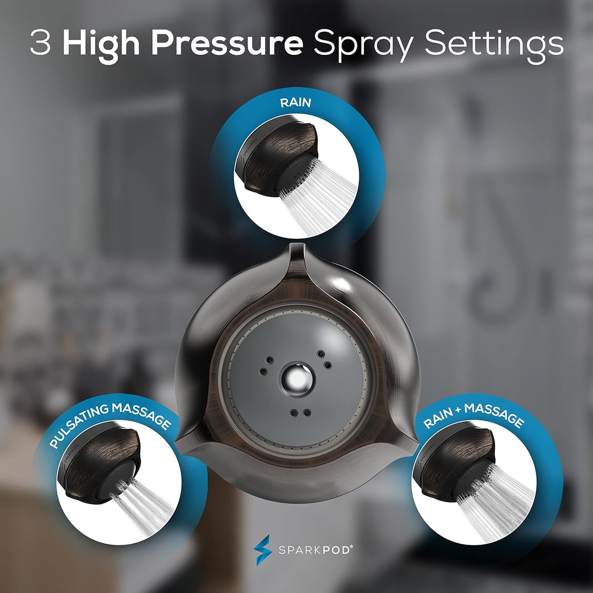 High Pressure Shower Head, 3 Inch Fixed Showerhead, Black Matte | Rain, Pulsating & Combo Modes, Helps Boosts Low Water Pressure, Anti-Clog Nozzles, Easy Install