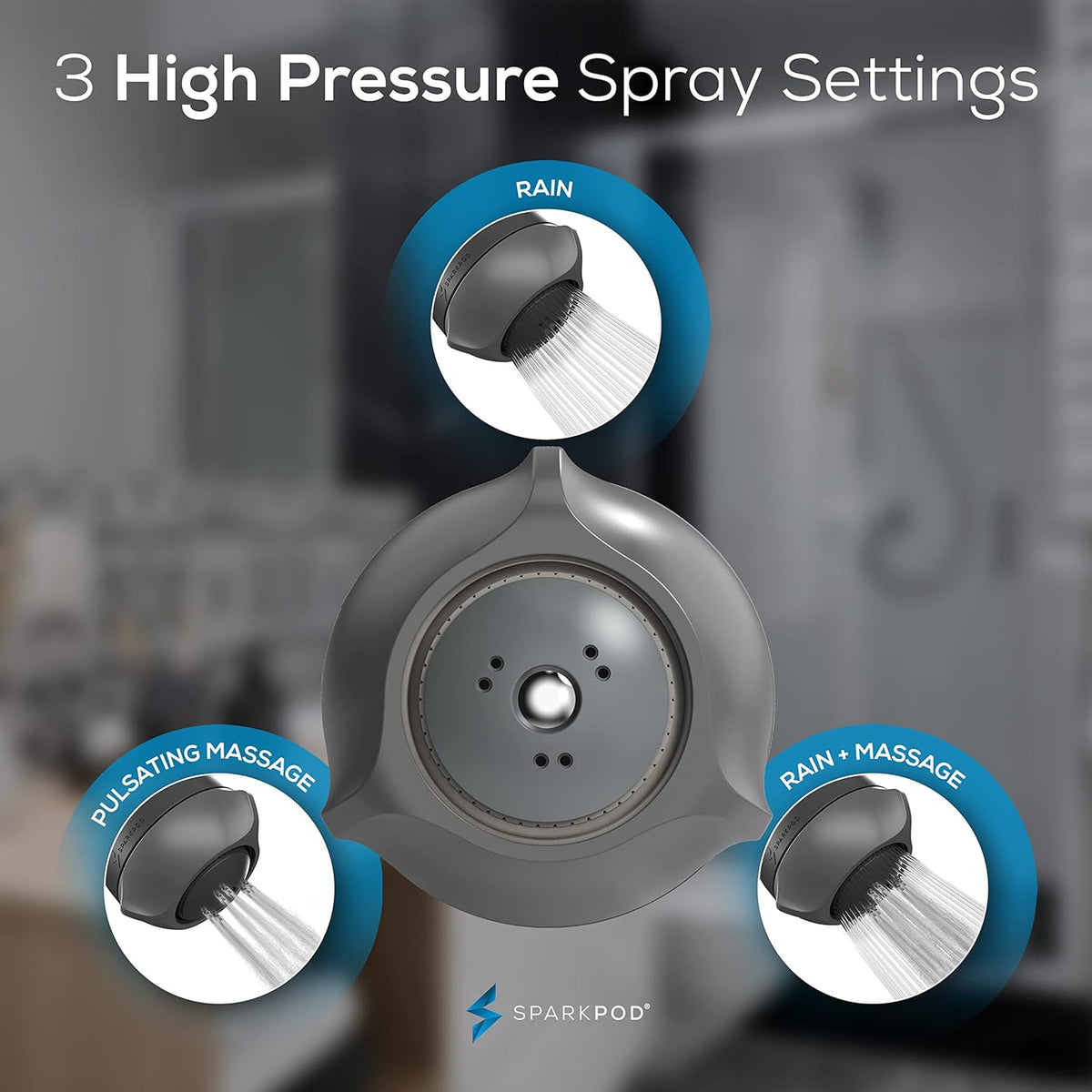 High Pressure Shower Head, 3 Inch Fixed Showerhead, Black Matte | Rain, Pulsating & Combo Modes, Helps Boosts Low Water Pressure, Anti-Clog Nozzles, Easy Install