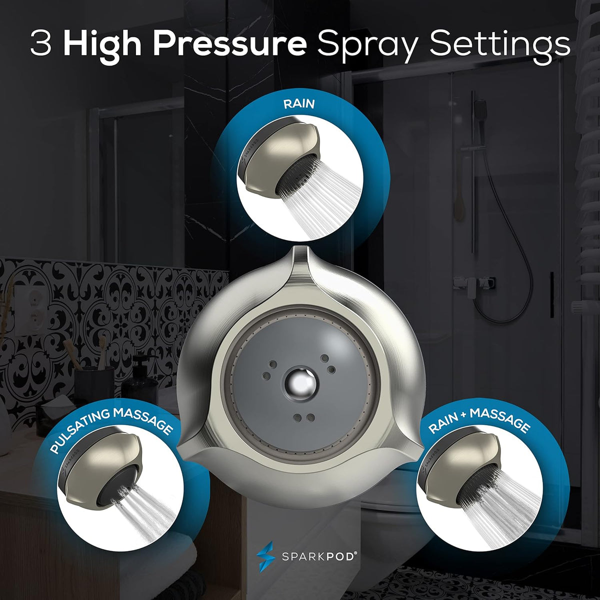 High Pressure Shower Head, 3 Inch Fixed Showerhead, Black Matte | Rain, Pulsating & Combo Modes, Helps Boosts Low Water Pressure, Anti-Clog Nozzles, Easy Install