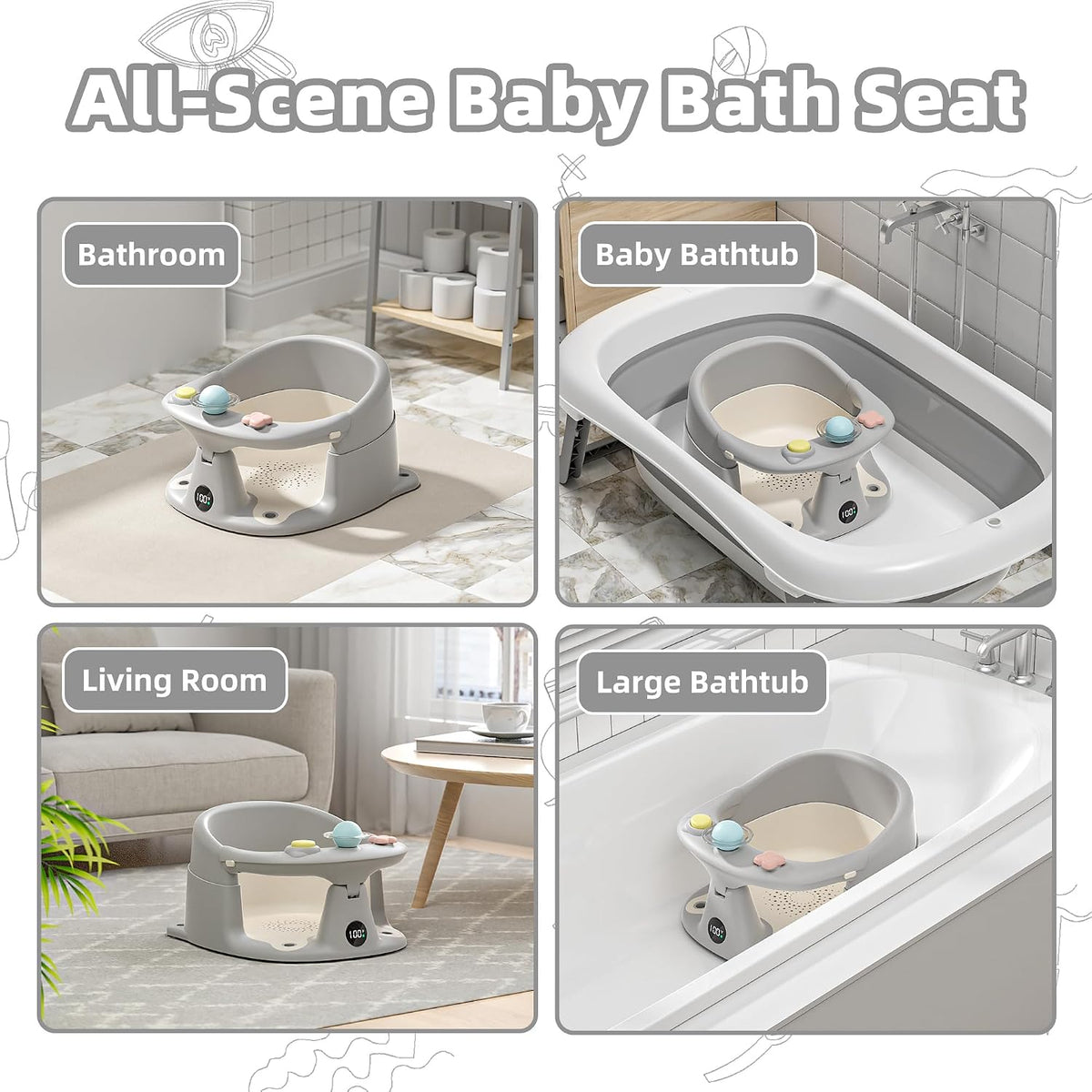 Baby Bath Seat for Babies 6 Months & up with Thermometer, Non-Slip Toddler Bath Seats for Sitting Up, Safe Infant & Newborn Bathtub Chair with 4 Suction Cups, Soft Cushion & Temperature Display, Gray