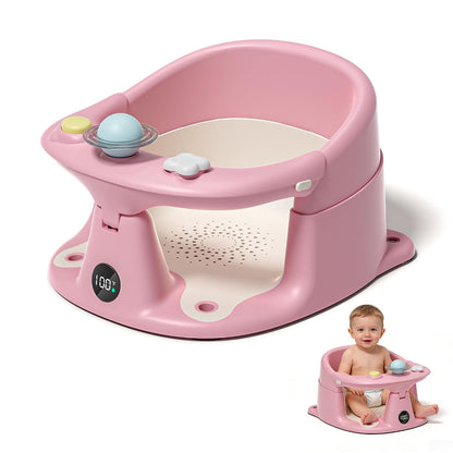 Baby Bath Seat for Babies 6 Months & up with Thermometer, Non-Slip Toddler Bath Seats for Sitting Up, Safe Infant & Newborn Bathtub Chair with 4 Suction Cups, Soft Cushion & Temperature Display, Gray