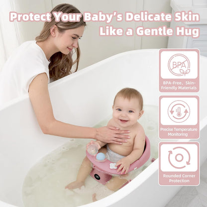 Baby Bath Seat for Babies 6 Months & up with Thermometer, Non-Slip Toddler Bath Seats for Sitting Up, Safe Infant & Newborn Bathtub Chair with 4 Suction Cups, Soft Cushion & Temperature Display, Gray