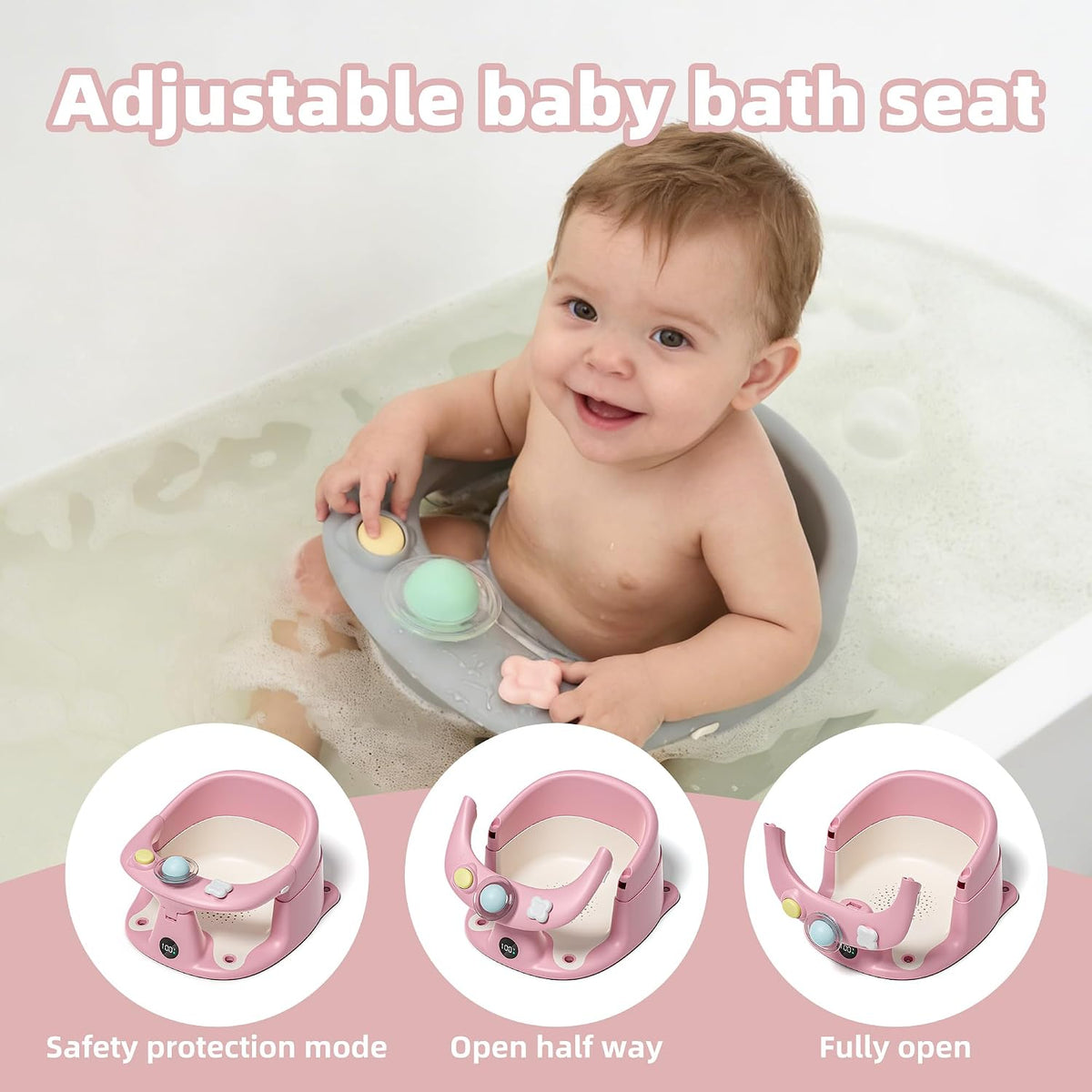 Baby Bath Seat for Babies 6 Months & up with Thermometer, Non-Slip Toddler Bath Seats for Sitting Up, Safe Infant & Newborn Bathtub Chair with 4 Suction Cups, Soft Cushion & Temperature Display, Gray