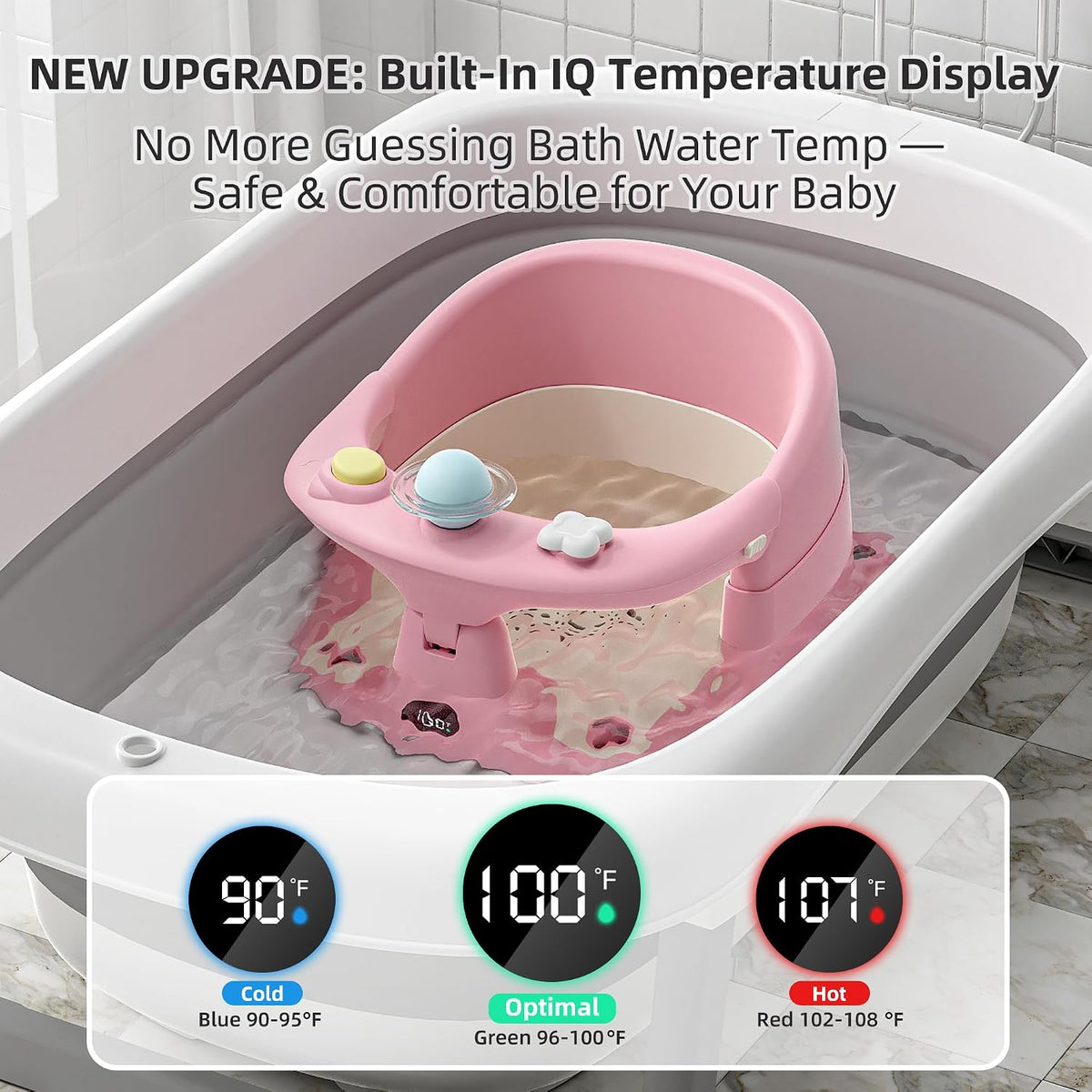 Baby Bath Seat for Babies 6 Months & up with Thermometer, Non-Slip Toddler Bath Seats for Sitting Up, Safe Infant & Newborn Bathtub Chair with 4 Suction Cups, Soft Cushion & Temperature Display, Gray