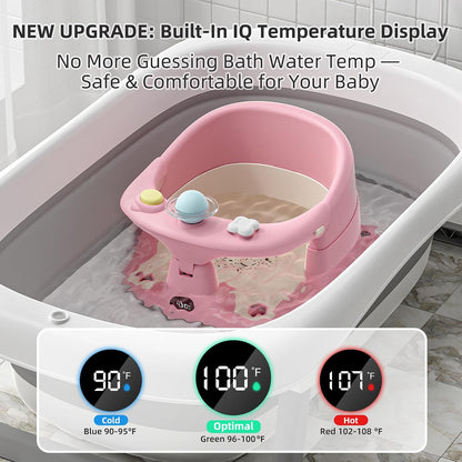 Baby Bath Seat for Babies 6 Months & up with Thermometer, Non-Slip Toddler Bath Seats for Sitting Up, Safe Infant & Newborn Bathtub Chair with 4 Suction Cups, Soft Cushion & Temperature Display, Gray