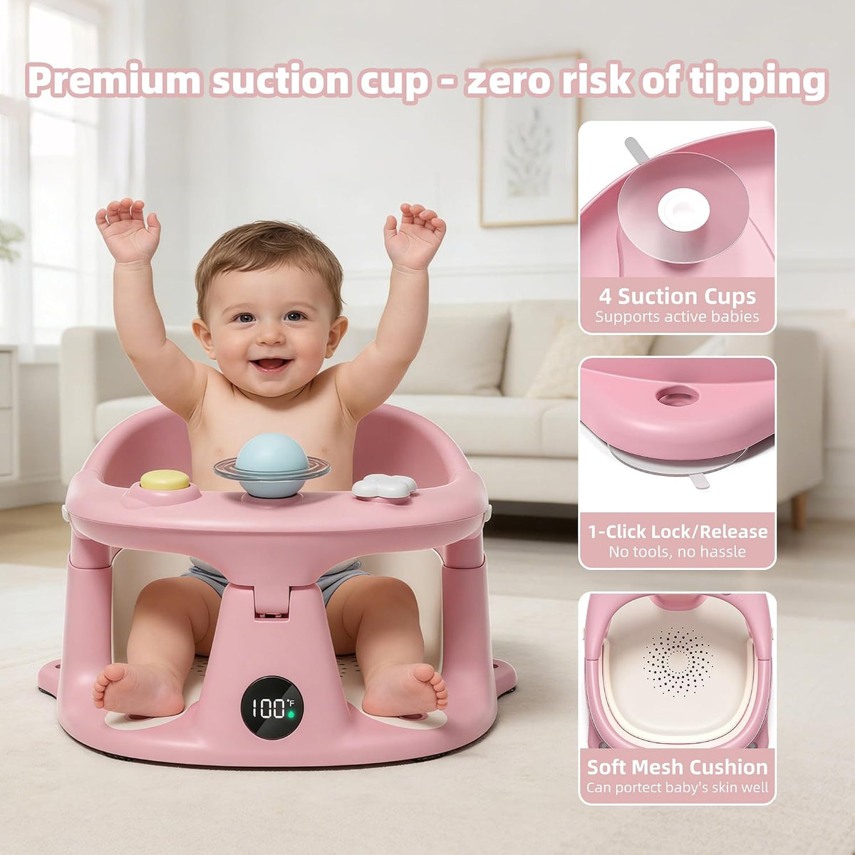 Baby Bath Seat for Babies 6 Months & up with Thermometer, Non-Slip Toddler Bath Seats for Sitting Up, Safe Infant & Newborn Bathtub Chair with 4 Suction Cups, Soft Cushion & Temperature Display, Gray
