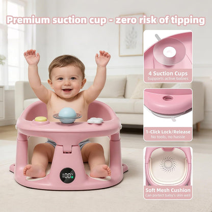 Baby Bath Seat for Babies 6 Months & up with Thermometer, Non-Slip Toddler Bath Seats for Sitting Up, Safe Infant & Newborn Bathtub Chair with 4 Suction Cups, Soft Cushion & Temperature Display, Gray
