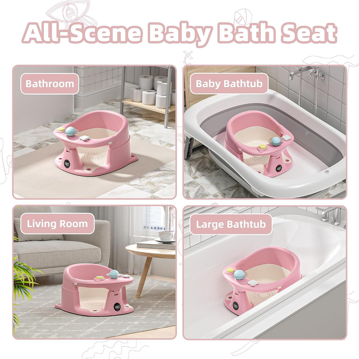 Baby Bath Seat for Babies 6 Months & up with Thermometer, Non-Slip Toddler Bath Seats for Sitting Up, Safe Infant & Newborn Bathtub Chair with 4 Suction Cups, Soft Cushion & Temperature Display, Gray