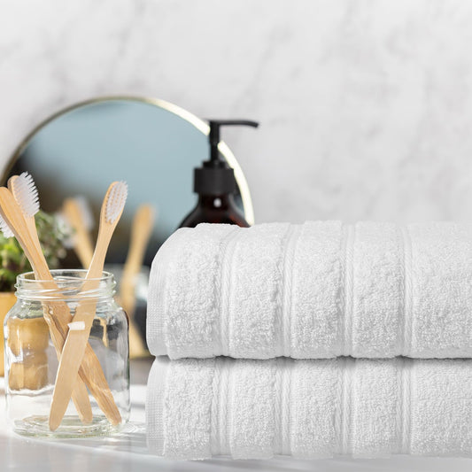 Medley Bath Towels 2-Pack 27"x54", Soft, Quick-Dry, Super Absorbent, 100% Organic Cotton, Dobby Ribbed Border, Lightweight, Lint-Free, Fade-Resistant Bath, Gym, Spa - White