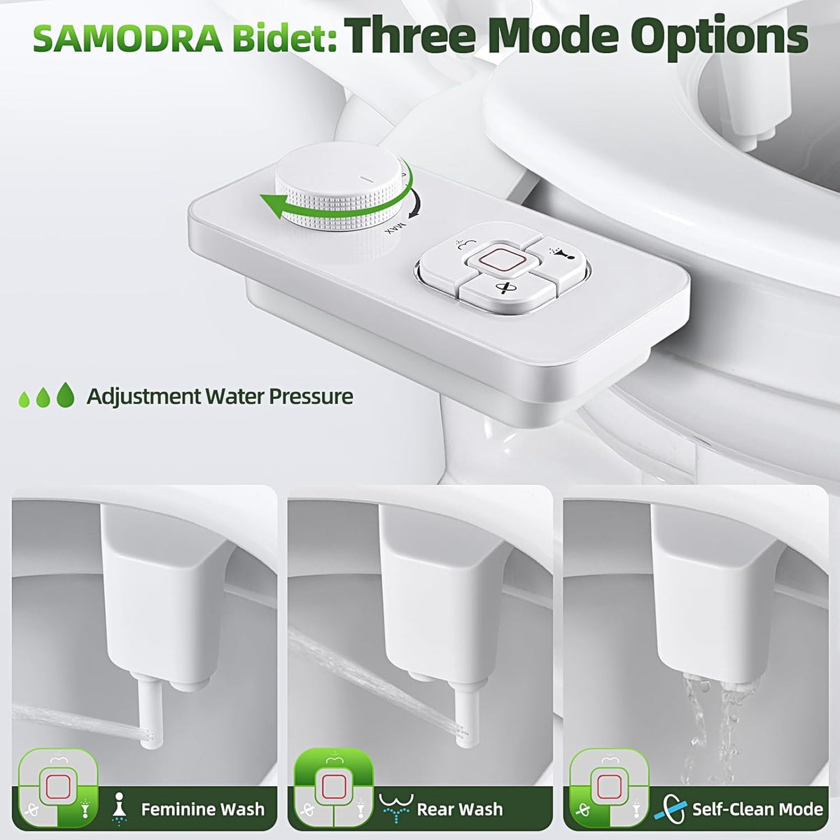 Bidet Attachment, Non-Electric Cold Water Bidet Toilet Seat Attachment with Pressure Controls, Retractable Self-Cleaning Dual Nozzles for Frontal & Rear Wash - Black