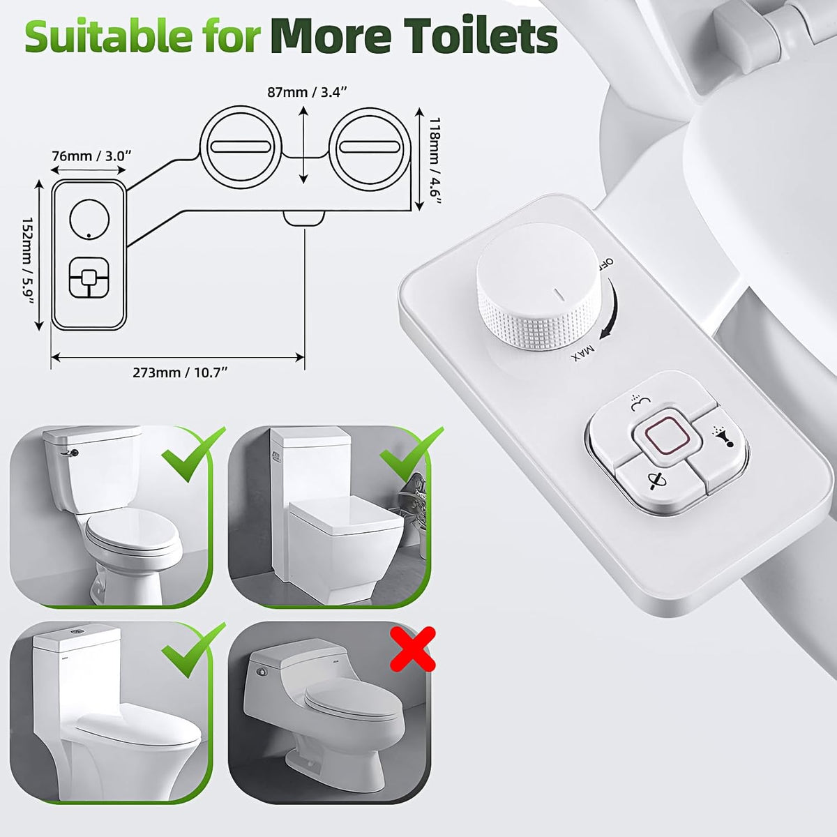 Bidet Attachment, Non-Electric Cold Water Bidet Toilet Seat Attachment with Pressure Controls, Retractable Self-Cleaning Dual Nozzles for Frontal & Rear Wash - Black