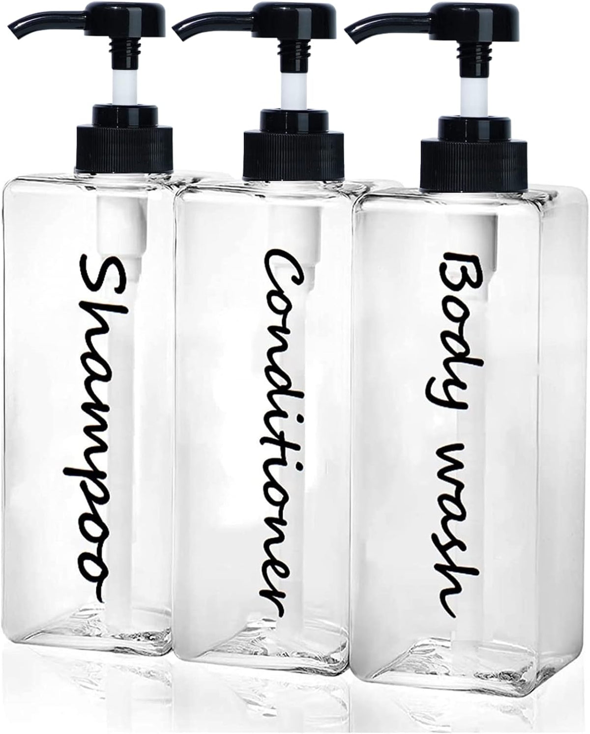 21oz Shampoo Dispenser - Refillable Shampoo and Conditioner Bottles (Clear, Set of 3) - Modern Shampoo Bottles for Shower Soap - Empty Shampoo Conditioner Body Wash Dispenser Set - for Hotel Bathroom