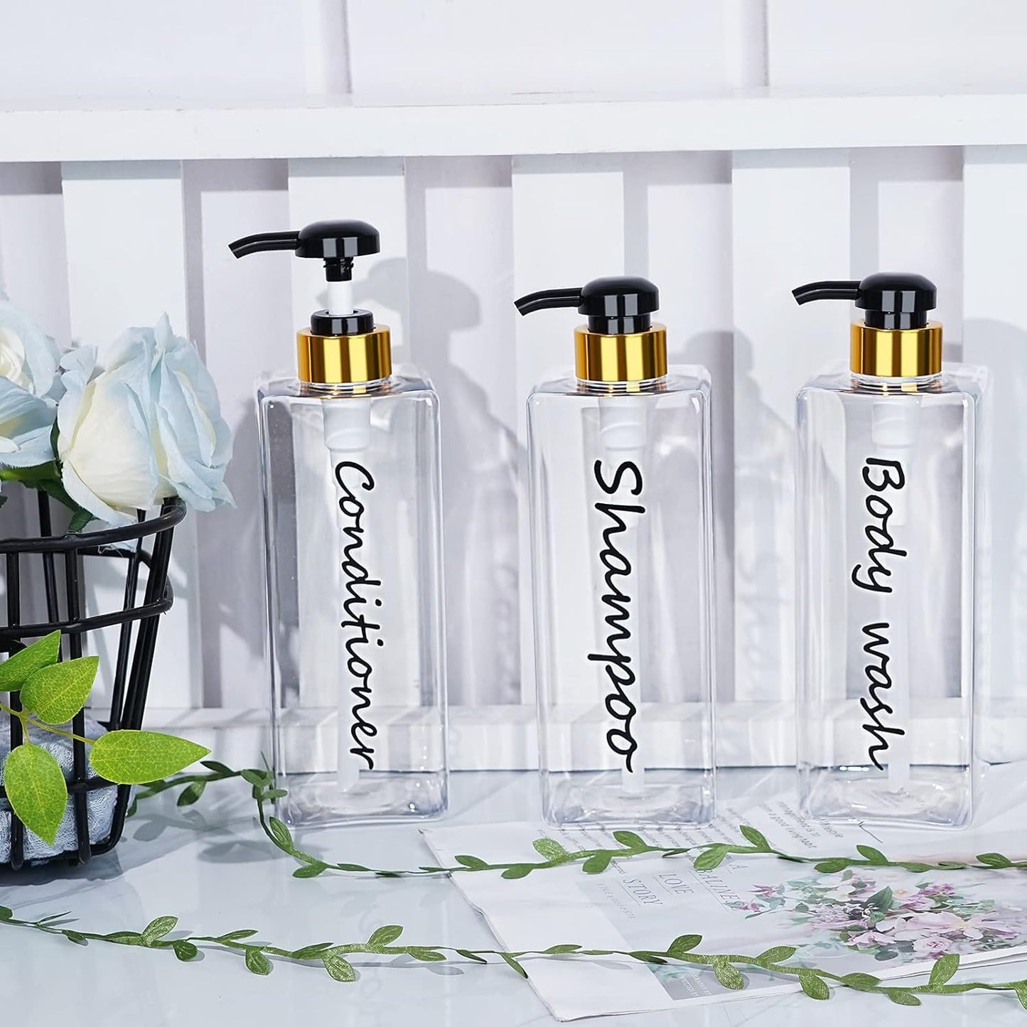 21oz Shampoo Dispenser - Refillable Shampoo and Conditioner Bottles (Clear, Set of 3) - Modern Shampoo Bottles for Shower Soap - Empty Shampoo Conditioner Body Wash Dispenser Set - for Hotel Bathroom